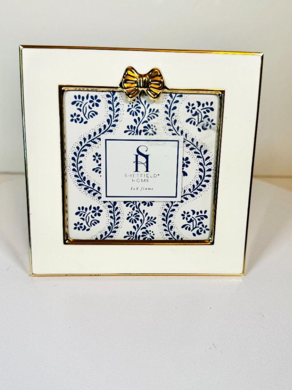 Sheffield Photo Frame White Enamel Square 5x5" Gold Metallic Coquette Bow